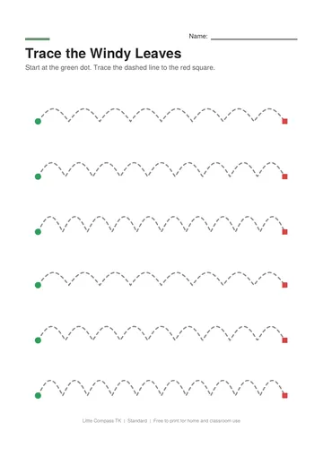 Printable worksheet with dashed scalloped lines to trace from a green dot to a red square