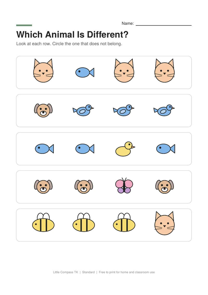 Printable worksheet with rows of animals where one animal is different from the others