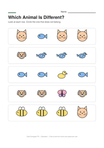 Printable worksheet with rows of animals where one animal is different from the others