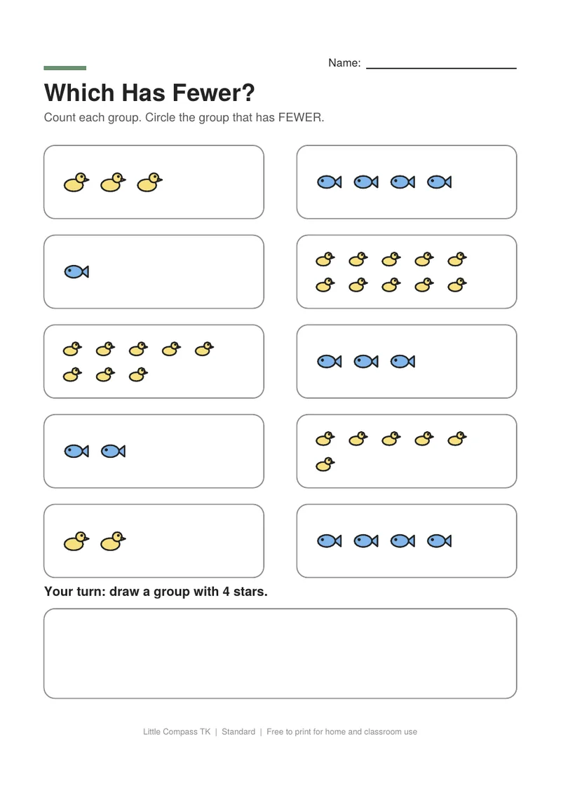 Printable worksheet with pairs of groups for circling the group with fewer