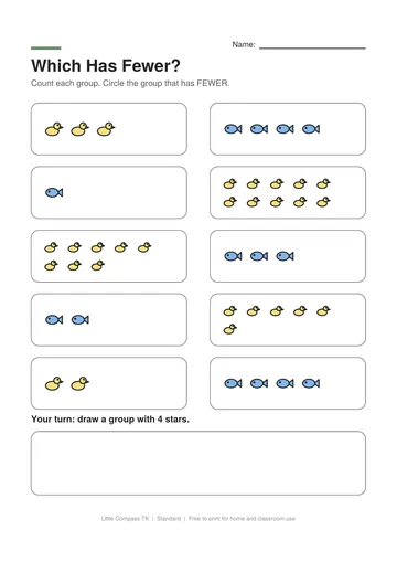 Printable worksheet with pairs of groups for circling the group with fewer