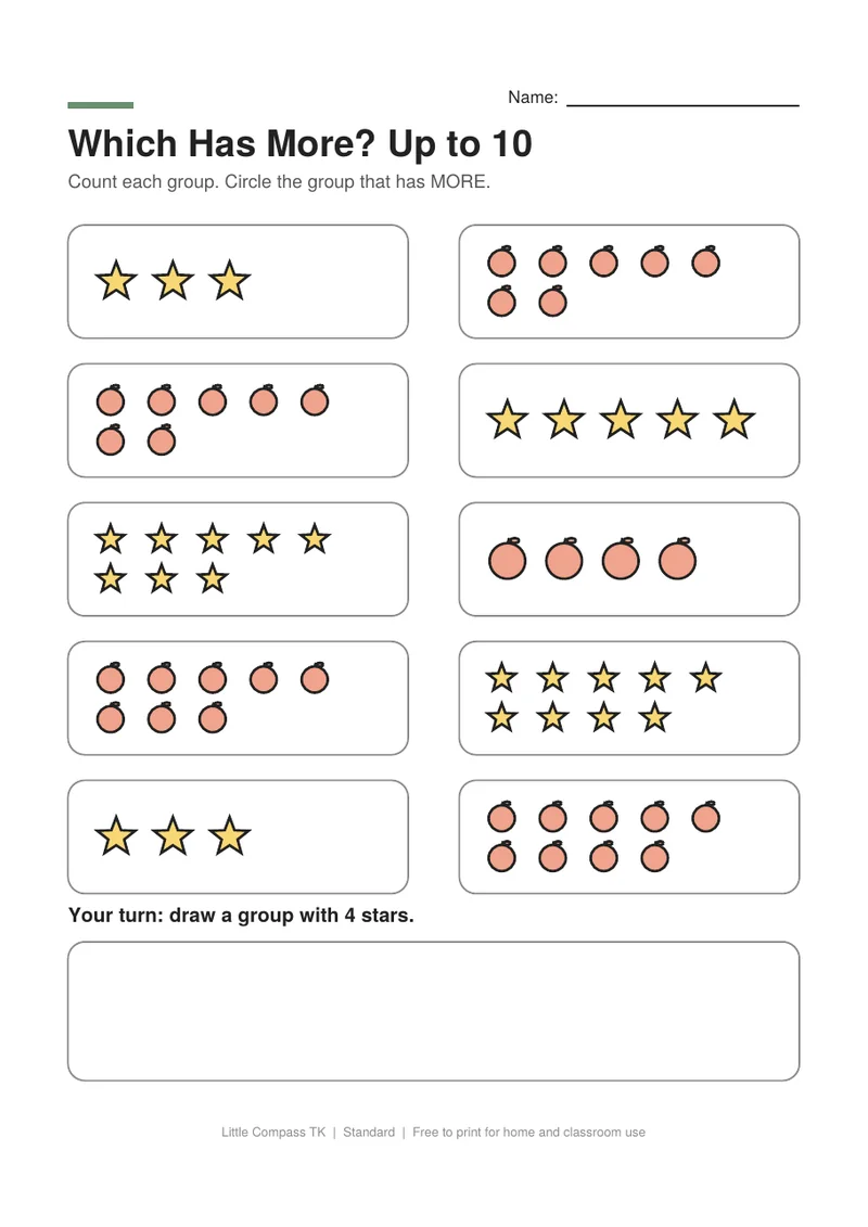 Printable worksheet with pairs of groups up to ten for circling the group with more