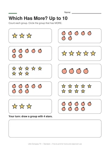 Printable worksheet with pairs of groups up to ten for circling the group with more