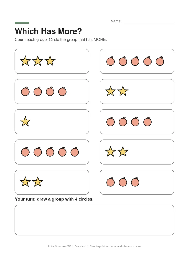 Printable worksheet showing five pairs of boxes with stars and apples for comparing which group has more