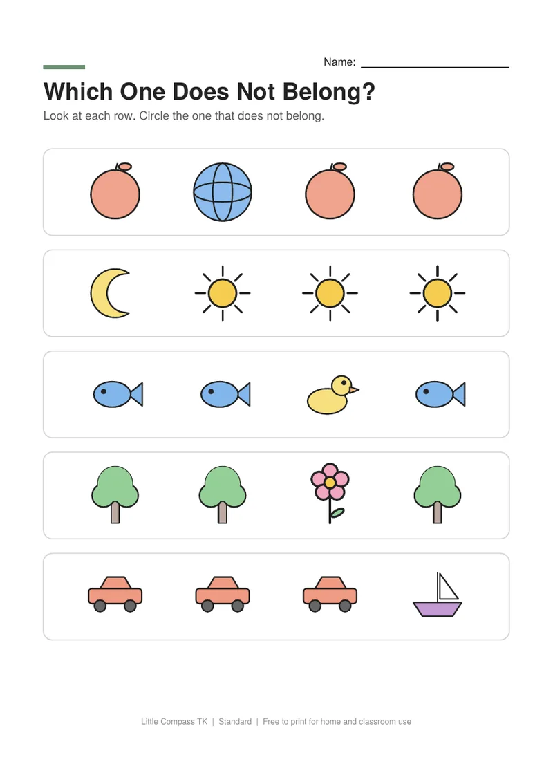 Printable worksheet with rows of pictures where one picture is different from the others