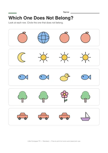Printable worksheet with rows of pictures where one picture is different from the others