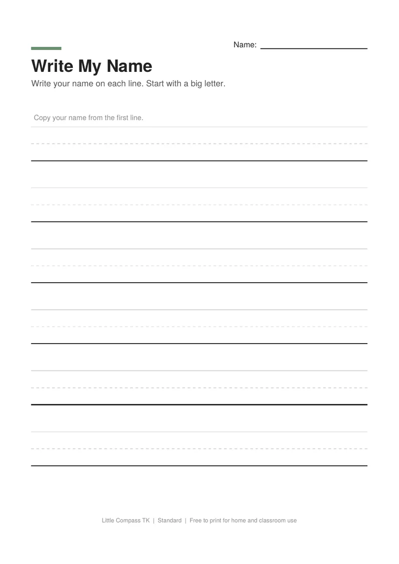 Printable worksheet with handwriting lines for practicing writing a name