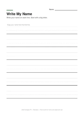 Printable worksheet with handwriting lines for practicing writing a name